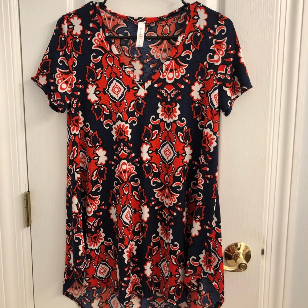 Red, white, and navy tunic top
